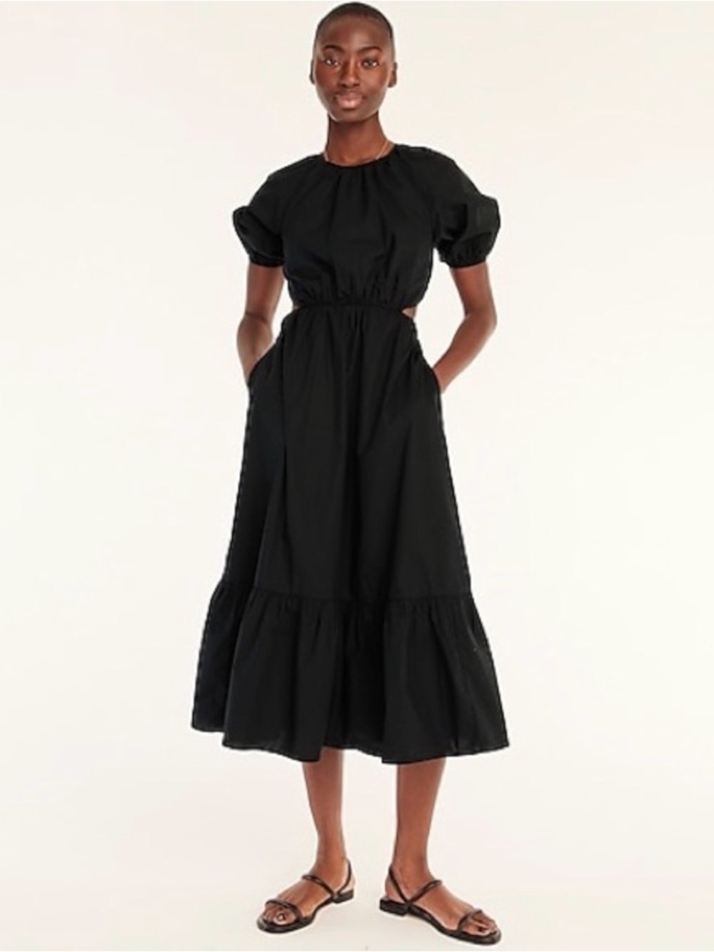 J. Crew Black Puff-Sleeve Cutout Midi Dress